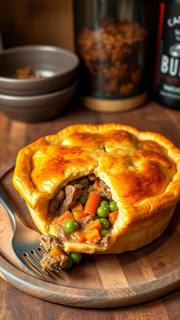 A golden-brown beef pot pie with visible beef and vegetables, served on a rustic table.